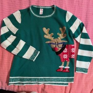 Ugly Christmas sweater reindeer wearing glasses striped sleeves Large size